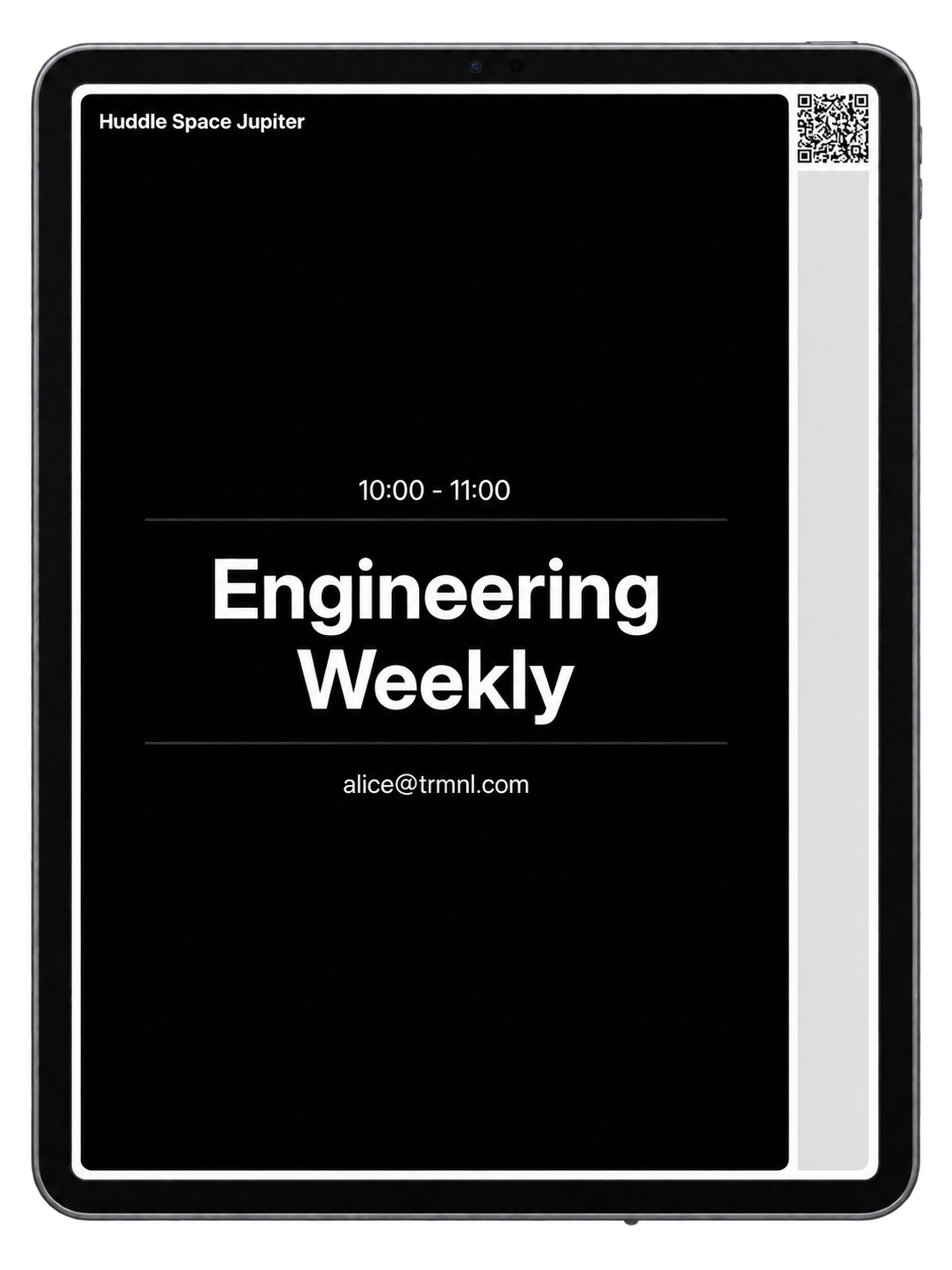 Meeting room schedule open in a browser on a tablet, with the booking QR code