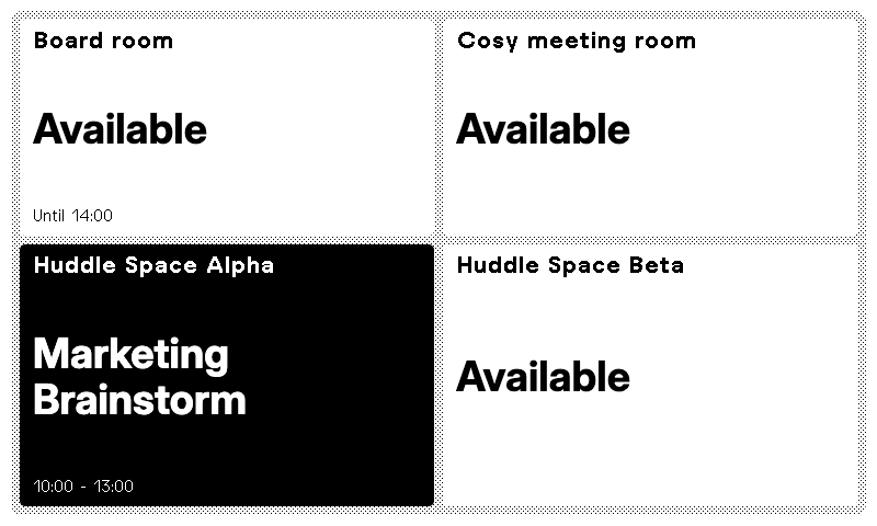 Multi-room office hallway display showing conference room availability grid