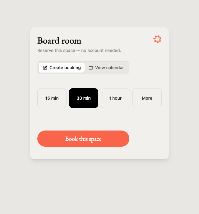 Conference room reservation system walk-up QR code booking screen on mobile